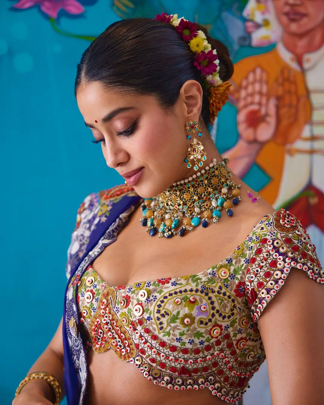 Janhvi Kapoor Stills in Blue Designer Lehenga Choli Voni